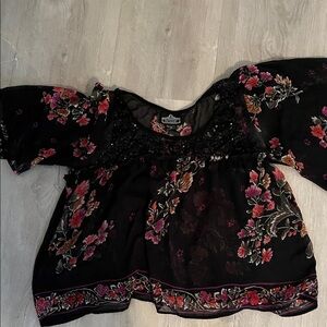 Angie Black Blouse with Pink Floral Design